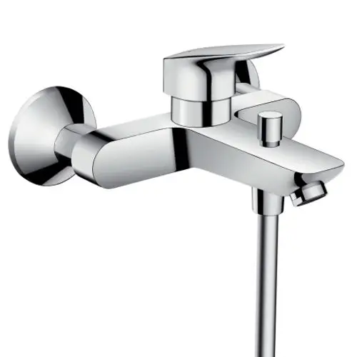 Chromfarbener Einhebel-Wannenmischer von Hansgrohe, Aufputz montiert, mit einem zentralen Hebel und einem seitlichen Auslauf, für die Wandinstallation.